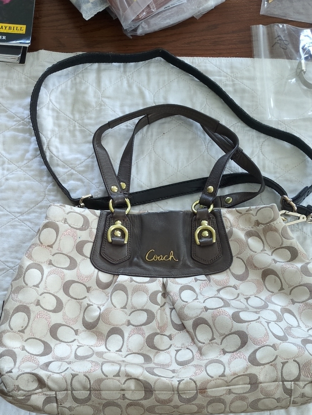 Coach Ashley Signature C Monogram Cream and Brown Signature Canvas Shoulder Tote